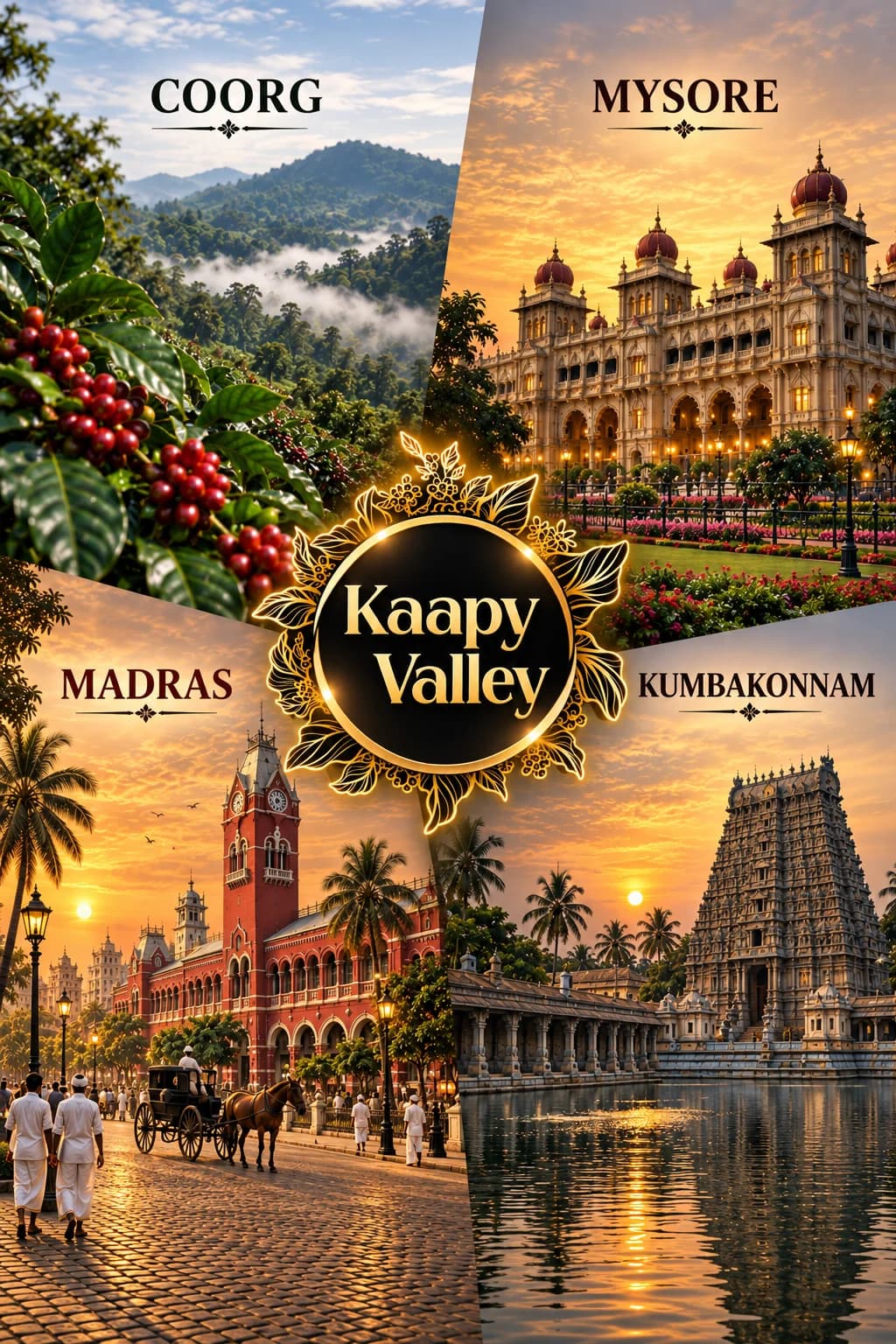 Kaapi Valley: the Kaapi Valley medallion surrounded by scenes of Coorg, Mysore, Madras and Kumbakonam